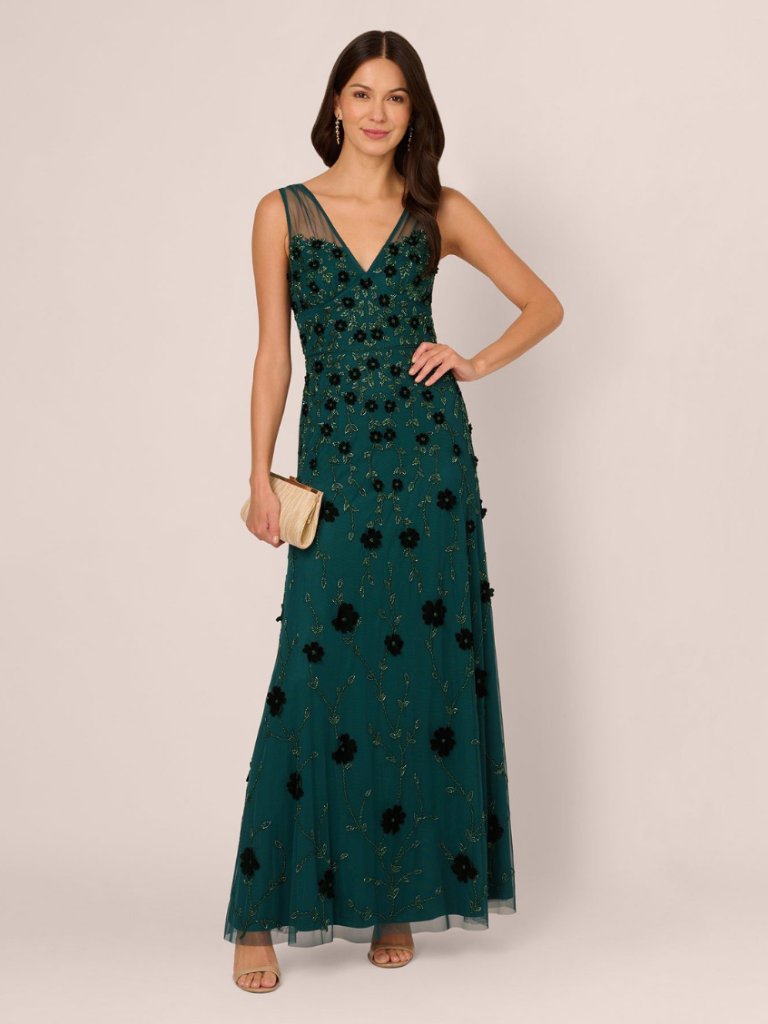 Adriana Papell Velvet Floral Beaded Gown Gem Green Women's Size 4